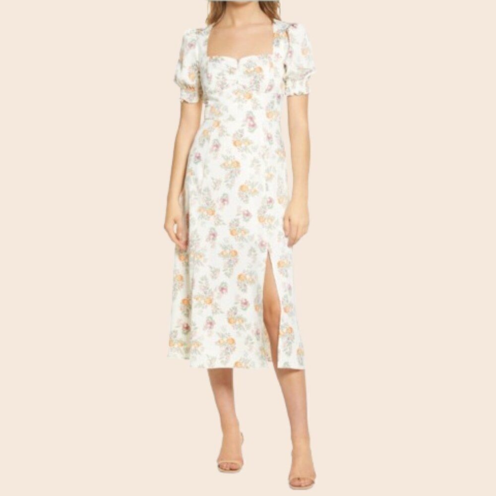 WAYF Cream Beatrix Bustier Floral Midi Dress Size Medium